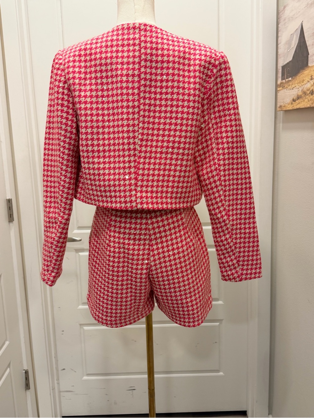 Rivir 2pc Pink/White Houndstooth Tweed Crop Blazer and Short Set - Picture 11 of 15